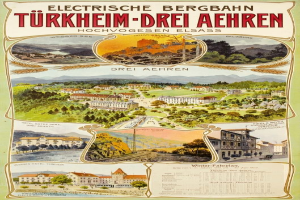 Plakat für die Elektrostadt Bergbahn, Deutschland mit Bildern von Gebäuden, Bäumen, Hügeln und beschreibendem Text.