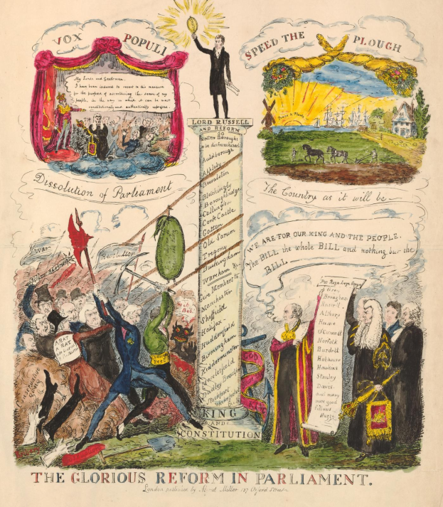 Ein buntes illustriertes Dokument namens "Die glorreiche Reform im Parlament", das eine fette Schriftart und diverse fröhliche Menschen zeigt, die Hoffnung und Fortschritt symbolisieren.
