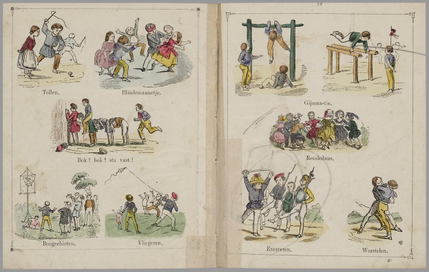 Offenes Buch mit Illustrationen von Menschen, die Sport treiben wie Laufen, Springen und Ballspiele, jeweils mit beschreibendem Text.