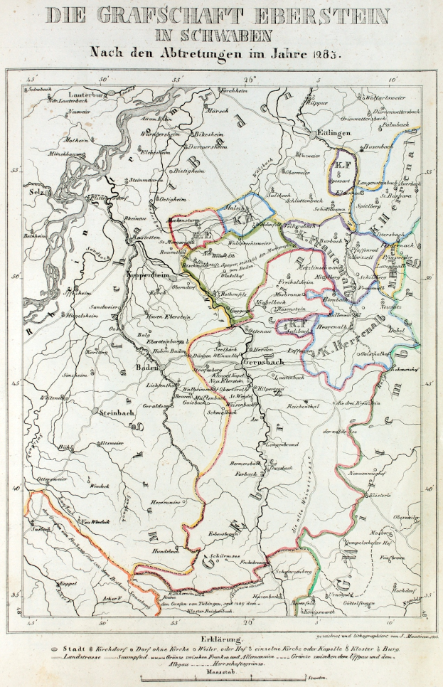 Eine detaillierte Karte von Grafische Eberstein in Schwaben, Deutschland, die Flüsse, Berge und Städte zeigt, mit Text oben und unten.