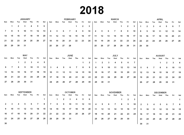 Ein Schwarz-Weiß-Kalender für 2018 mit US-Feiertagen auf weißem Hintergrund, wobei die Tage in Wochen organisiert sind und Feiertage fett schwarz geschrieben sind.