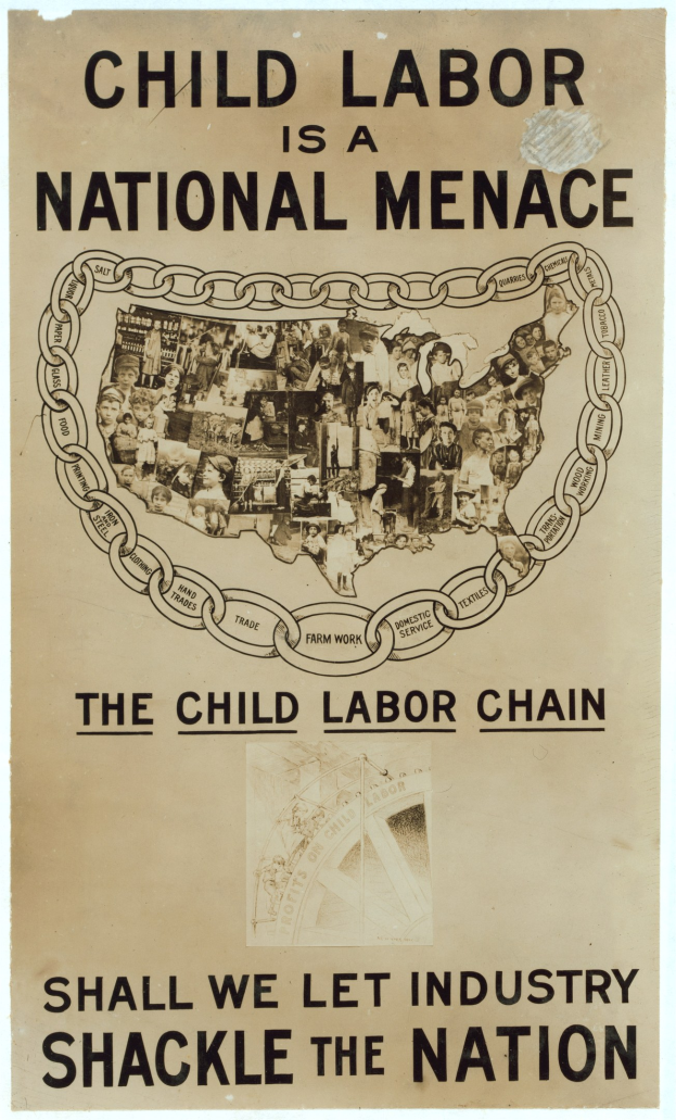 Plakat mit der Aufschrift "Kindera(r)beit ist eine nationale Geißel - Sollen wir der Industrie die Nation ausliefern?" in fetter schwarzer Schrift auf einem weißen Hintergrund, das eine vielseitige Gruppe von Menschen zeigt, die gemeinsam stehen.