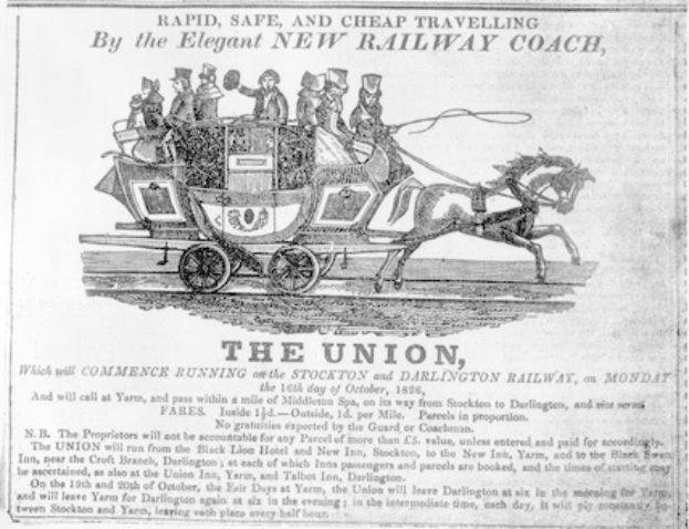 Schwarze und weiße Zeitungsanzeige der Gewerkschaft mit einer Kutsche mit mehreren Personen darin, begleitet von Text, der das Ereignis beschreibt.