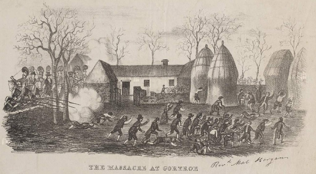 Gruppe von Menschen in einem Feld mit einem zentralen Feuer, einige in eine physische Auseinandersetzung verwickelt, umgeben von Bäumen und einem Haus im Hintergrund, mit dem Text "Die Massaker von Contreras" unten.