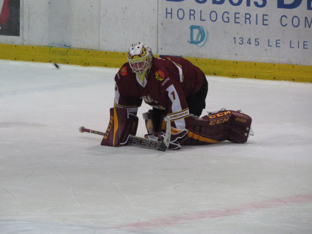 Eishockeyspieler in rot-gelbem Trikot bei einem Save auf dem Eis, mit Helm, Handschuhen und Knieschonern, haltend einen Eishockeyschläger, mit einer Wand und Text im Hintergrund.
