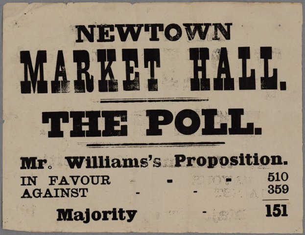 Papier mit handgeschriebenem Text, der "Newtown Market Hall, die Wahl, Mr. Williams' Vorschlag für die Mehrheit" liest.