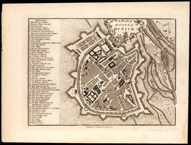 Ein detailliertes altes Stadtplan von München, Deutschland, auf einem schwarzen Hintergrund, der Straßen, Gebäude, Sehenswürdigkeiten und Text mit Straßennamen und Sehenswürdigkeiten zeigt.