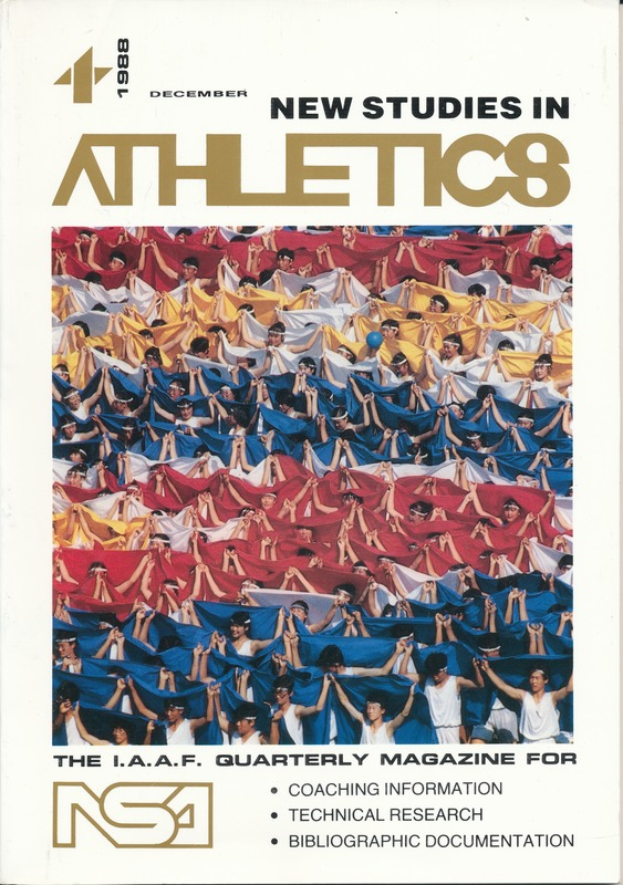 Ein Buchumschlag mit der Aufschrift "Neue Studien im Leichtathletik 1988", der eine Gruppe von Menschen in Sportkleidung während des Trainings zeigt, mit einem hellblauen Himmel, weißen Wolken und fernen Bäumen im Hintergrund.
