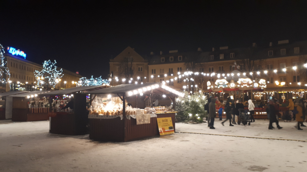 Weihnachtsmarkt bei Nacht mit Menschen, Buden, Pflanzen und Gebäuden in winterlicher Umgebung.