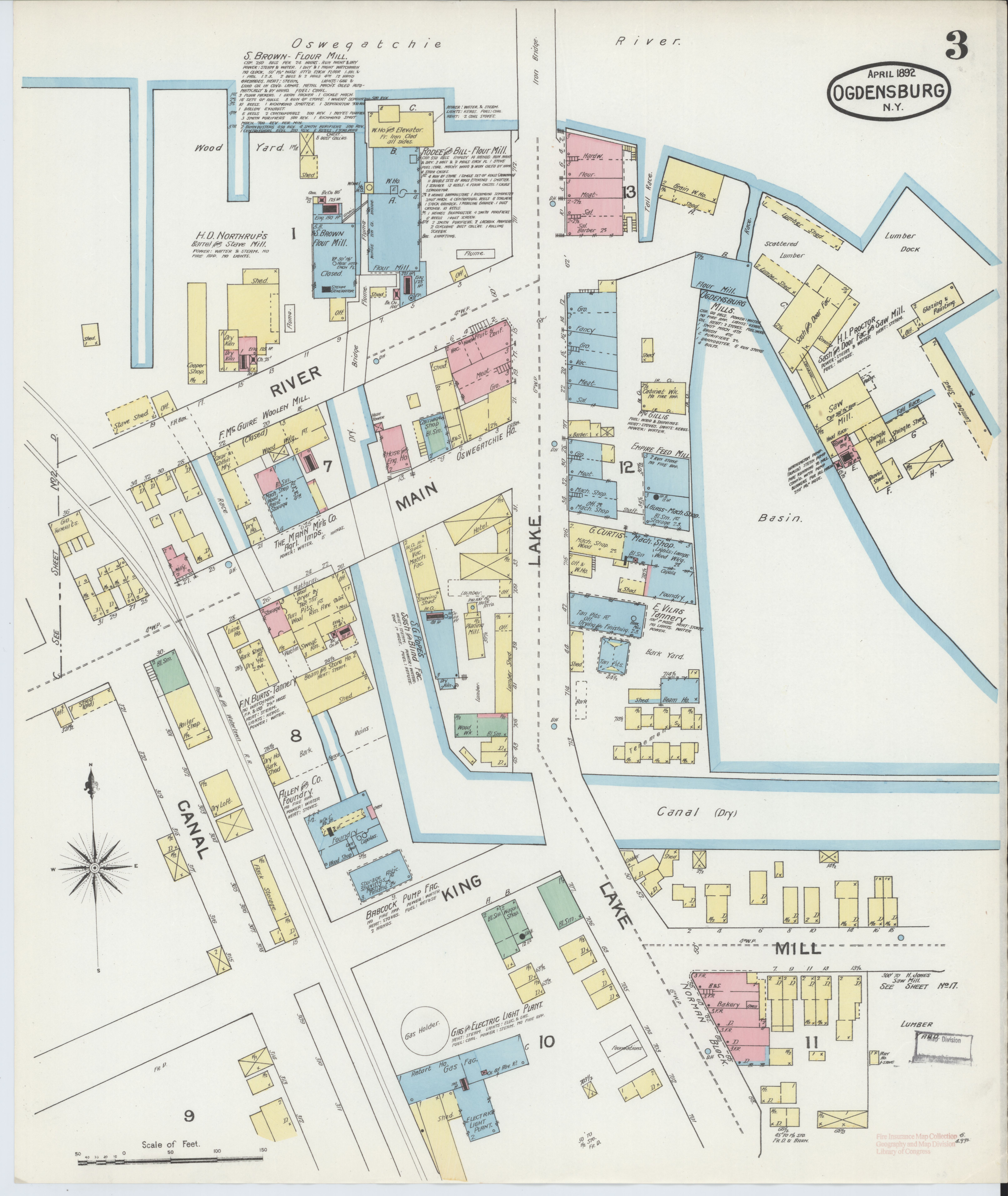 Ein gerahmtes, altes Stadtplan von Ogdensburg, New York, mit Gebäuden und Text.