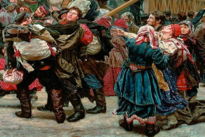 Gemälde, das eine Gruppe von Menschen zeigt, die vor einem Publikum tanzen, während der russischen Revolution, gekleidet in traditioneller Kleidung und mit einigen Gegenständen in der Hand, vor einem Holzhaushintergrund in einer lebendigen Atmosphäre.