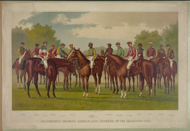 Gruppe von Menschen, die auf einem saftig grünen Feld mit Bäumen im Hintergrund und einem hellblauen Himmel reiten, mit Text unten: "Feier der Siegerpferde und Jockeys des amerikanischen Turfs".