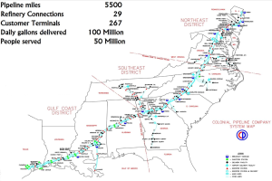 Detailierte Karte des Gulf Coast Pipeline Systems mit Pipeline-Routen, -Verbindungen, -Städten und erklärendem Text.