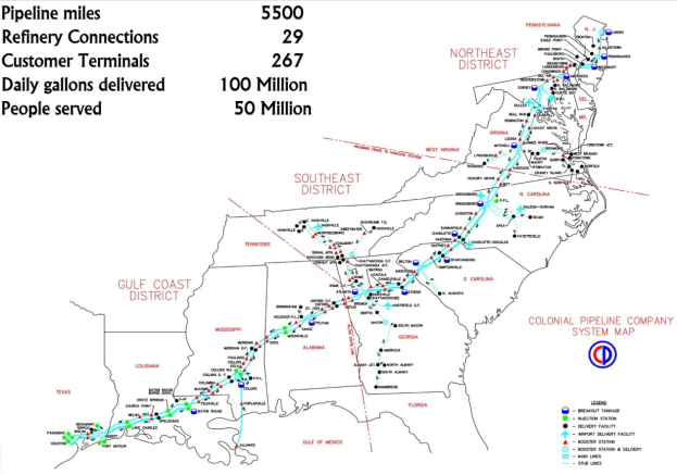 Detailierte Karte des Gulf Coast Pipeline Systems mit Pipeline-Routen, -Verbindungen, -Städten und erklärendem Text.