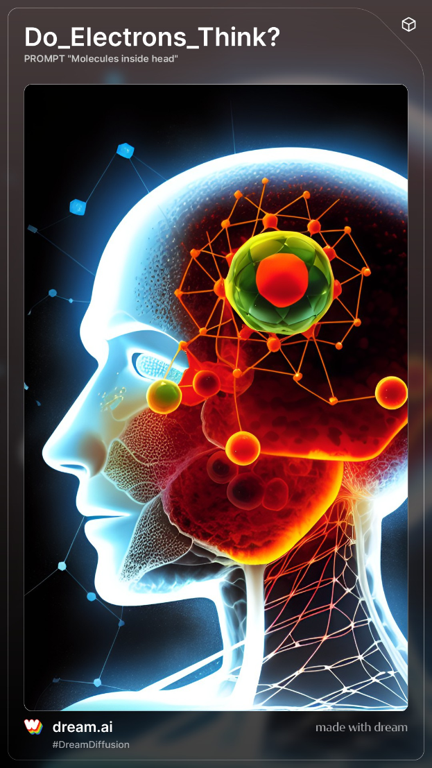 Ein Mobilbildschirm mit einem Gehirnbild und dem Text "Denken Elektronen?" im Zusammenhang mit Quantenphysik.