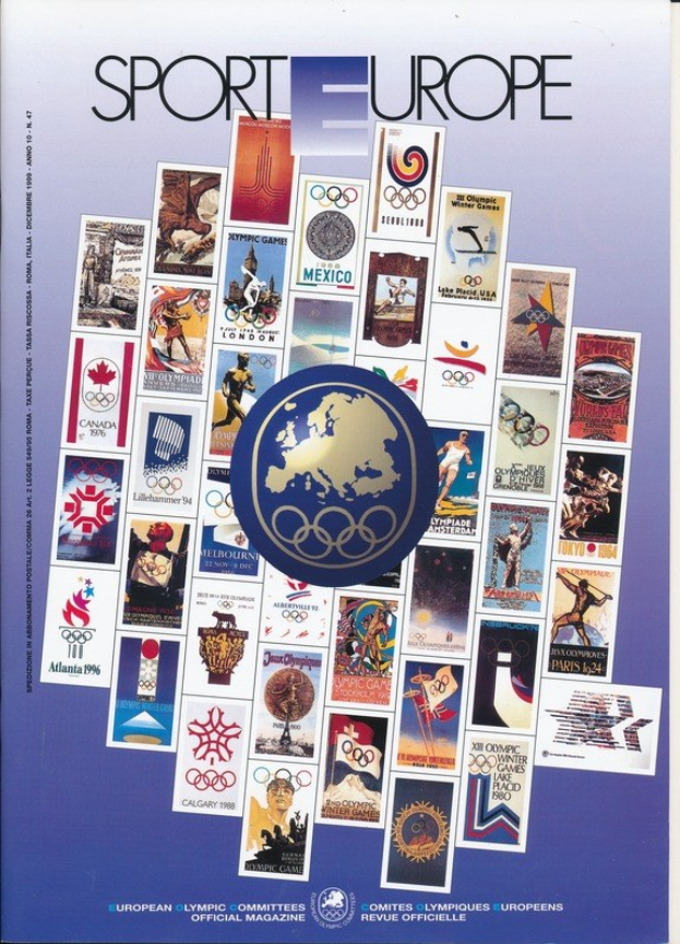 Ein Buchumschlag mit der Aufschrift "Sporting Europe" mit lebendigen Olympischen Spielen aus Europa in weißer Schrift.
