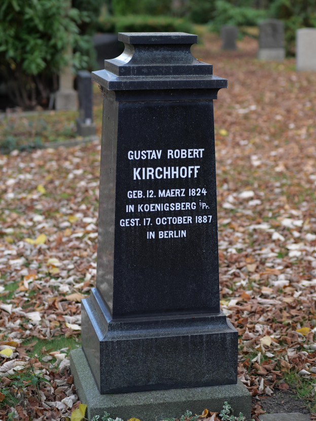 Ein Grabstein mit eingravierter Inschrift in einem Friedhof, umgeben von Bäumen mit Blättern auf dem Boden.