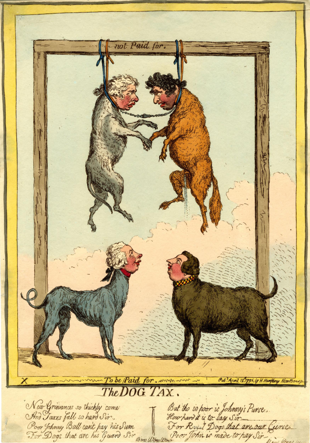 Ein Cartoon eines Mannes in Hut und langem Mantel, der an einem Seil zwischen zwei Hunden vor einer Tür hängt, mit der Aufschrift "Die Hundesteuer" unten.