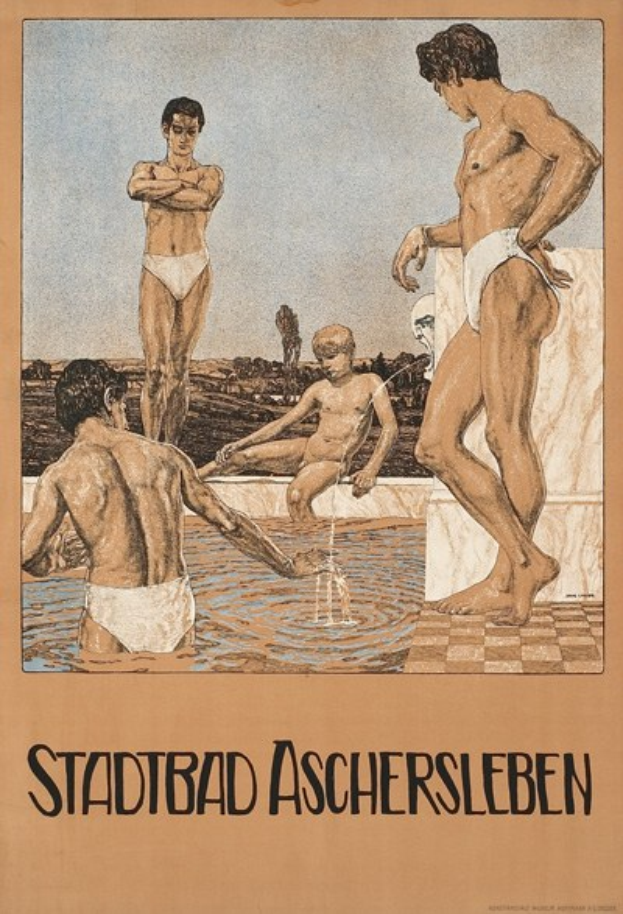 Plakat, das ein Schwimmbad in Aschersleben, Deutschland, bewirbt und Menschen im und um das Wasser zeigt, mit Text, der Details zum Bad enthält.