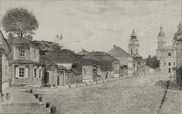 Eine Schwarz-Weiß-Zeichnung einer Straße in einer Kleinstadt mit Häusern, Bäumen und einem Himmel im Hintergrund, mit dem Text "Szczecin, die alte Stadt St. Petersburg" unten.