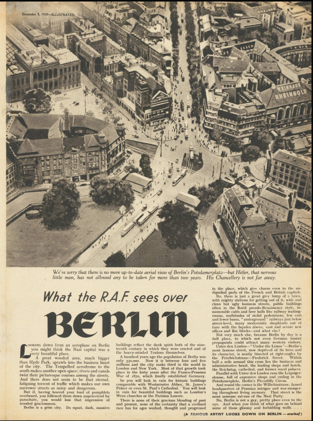 Altes Zeitungsblatt mit Schwarz-Weiß-Fotografie einer Stadtlandschaft, die Gebäude, Bäume und Fahrzeuge zeigt, begleitet von Text.