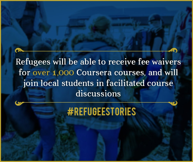 Plakat, das kostenlose Teilnahme an über 1.000 Coursera-Kursen für Flüchtlinge ankündigt, mit mehreren Personen im Hintergrund, die Taschen tragen.