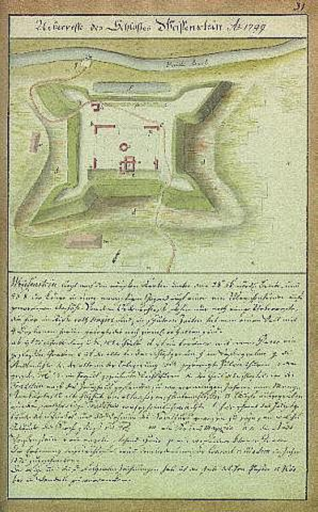Ein altes Stadtplan von Stuttgart, Deutschland, mit einer zentralen Abbildung eines Schlosses und beschreibendem Text zu dessen Größe, Lage und anderen Merkmalen.