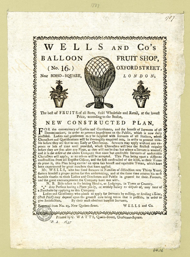 Schwarz-weiß-Anzeige für Wells and Co's Balloon Fruit Shop auf der Oxford Street in London mit Text über das Obstangebot des Ladens.