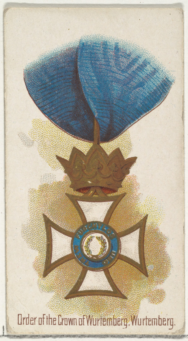 Plakat mit dem Logo " Orden der Krone von Württemberg ", einer blauen und goldenen Krone mit einer goldenen Umrandung und fetter schwarzer Schrift.