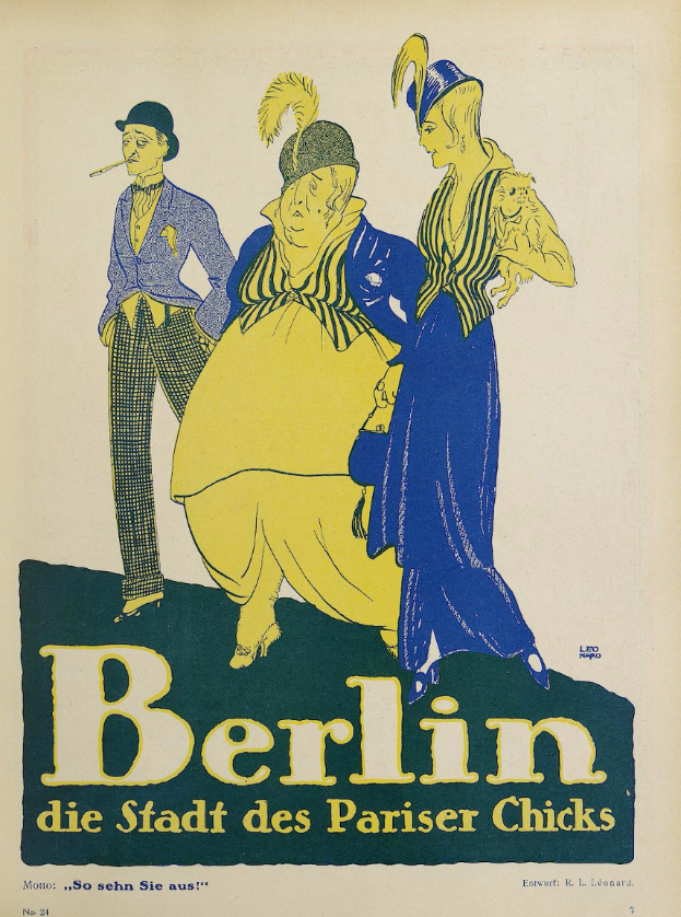 Ein Plakat, das ein Konzert in Berlin, Deutschland, bewirbt, zeigt eine Gruppe von Menschen in bunter Kleidung vor einem Gebäude mit dem Text "Berlin - Die Stadt des Pariser Chicks" oben.