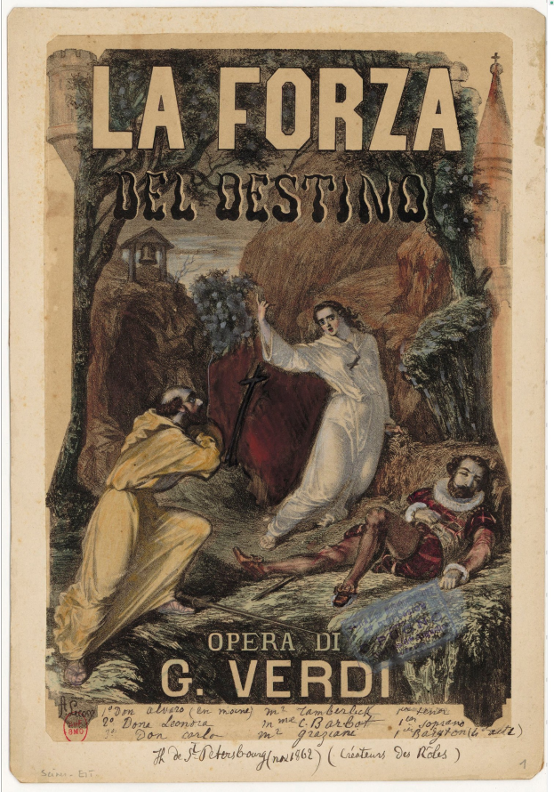 Plakat für die Oper "La Forza del Destino" von G. Verdi mit einem Bild von mehreren Personen und begleitendem Text.