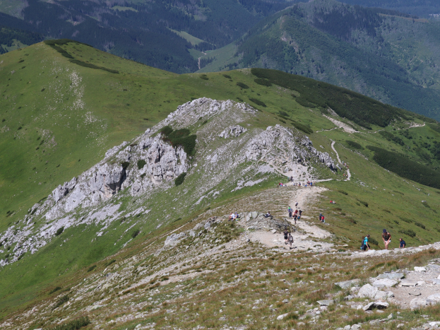 Gruppe von Menschen beim Wandern auf einer grasbewachsenen und steinigen Bergseite mit einem klaren Himmel im Hintergrund.