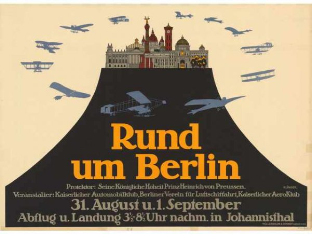 Plakat für eine Berliner Luftschau mit der Aufschrift "Rund um Berlin", im Hintergrund ein Gebäude und mehrere Flugzeuge am Himmel.