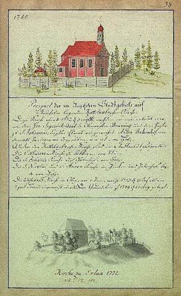 Eine Buchseite mit einer Zeichnung eines roten Hauses umgeben von Bäumen und einem Zaun, mit der Inschrift 'Deutsche Schule in den Niederlanden, 1777'.