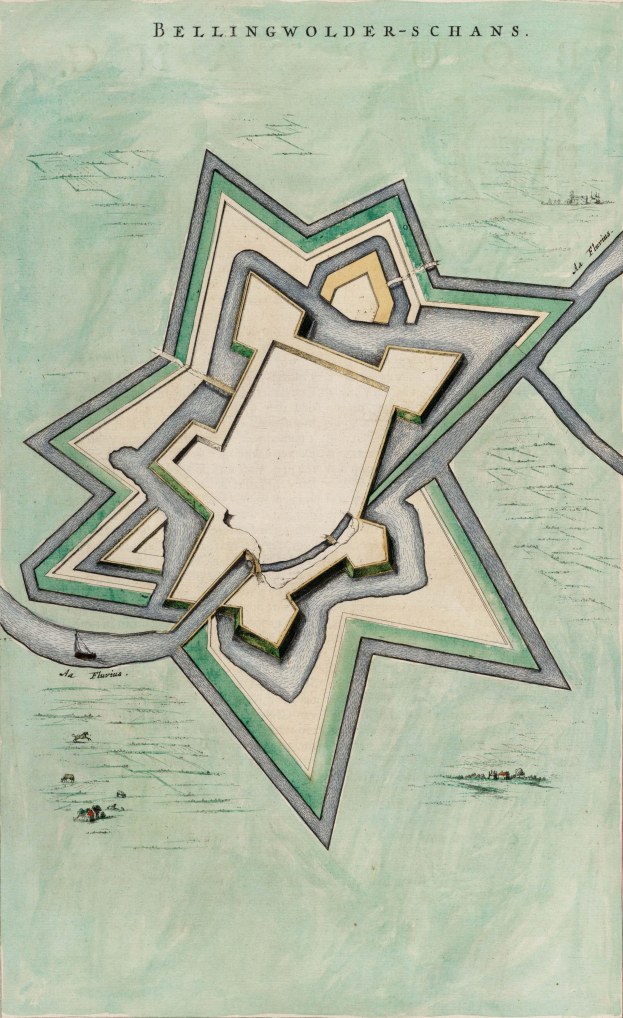 Ein detaillierter Stadtplan von Bellingwolderschans, Deutschland, mit Straßen, Gebäuden, Sehenswürdigkeiten und begleitendem Text, der die Geschichte, Kultur und Attraktionen der Stadt beschreibt.