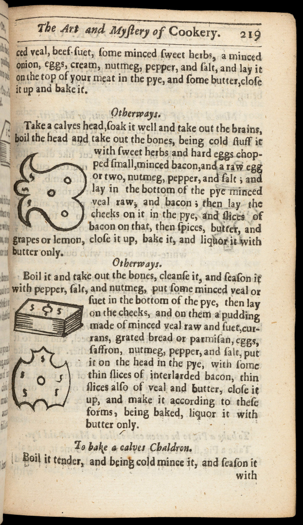 Ein aufgeschlagenes Buch mit einer Zeichnung darauf vor einem dunklen Hintergrund, das Text und Bilder über die Kunst und das Geheimnis des Kochens enthält.