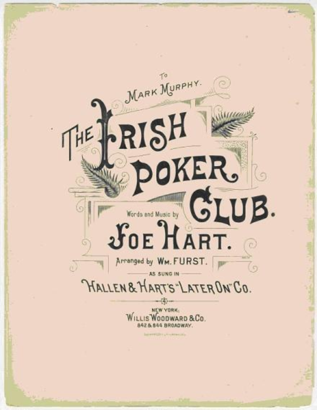 Ein gerahmtes Plakat mit "The Irish Poker Club" in fetter schwarzer Schrift auf einem weißen Hintergrund, umrandet von schwarz und mit einer bunten Kleeblatt-Illustration.