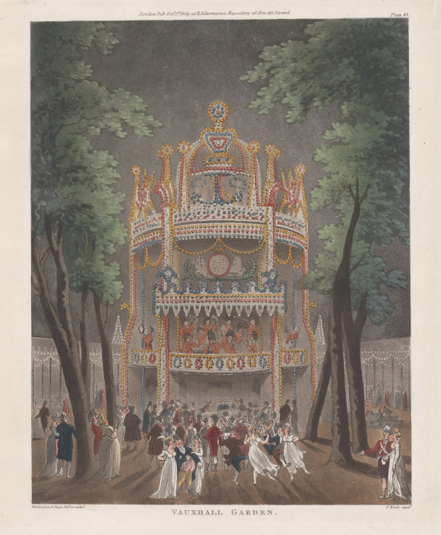 Gemälde einer Karussell in Vauxhall Gardens, London, 1775, umgeben von Bäumen und Menschen, mit Text unten lesend "Vauxhall Gardens, London, 1775".