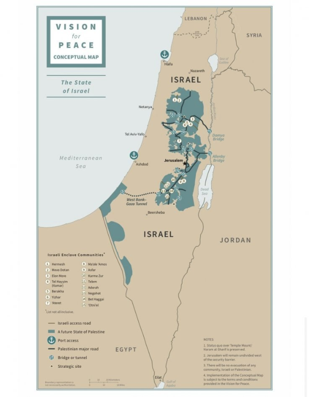 Plakat mit der Aufschrift "Vision für Friedenskonzept-Karte" zeigt eine farbcodierte Karte von Israel mit fetter schwarzer Schrift.