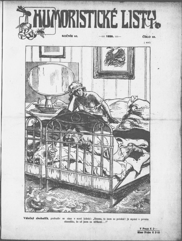 Schwarze und weiße Illustration einer Person, die auf einem Bett liegt, mit einem Spiegel auf dem Nachttisch und einem Rahmen an der Wand, begleitet von Text, der "humoristicke list - tschechische republik - 20. april 1920" oben und unten liest.
