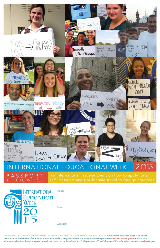 Internationaler Bildungswoche 2015 Plakat zeigt eine Gruppe von lachenden Menschen mit Schildern mit textbezogenen Informationen.