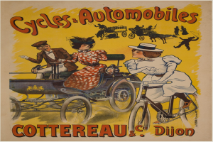 Plakatwerbung für Fahrräder und Automobile in Cottereau und Dijon, Frankreich, zeigt Menschen, die Fahrräder fahren und eine Kutsche mit dem Text "Fahrräder und Automobile" oben.