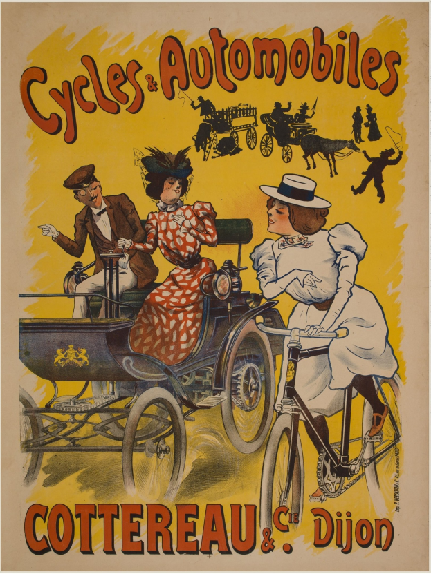 Plakatwerbung für Fahrräder und Automobile in Cottereau und Dijon, Frankreich, zeigt Menschen, die Fahrräder fahren und eine Kutsche mit dem Text "Fahrräder und Automobile" oben.