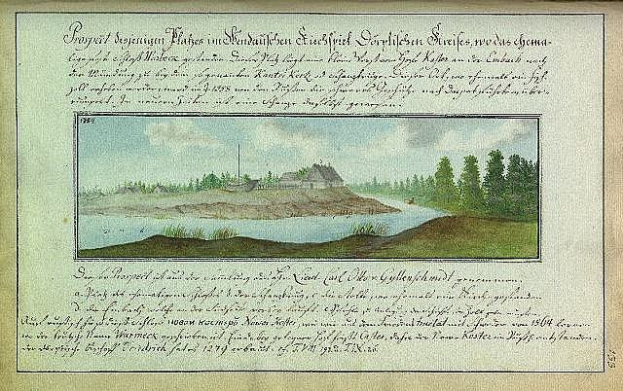Altes Buch mit dem Titel "Deutsche Landschaften, Landschaft und Landschaft Deutschlands, 18. Jahrhundert" mit einer Zeichnung eines Flusses, eines Hauses, Bäume, Gras und einem wolkenverhangenen Himmel.