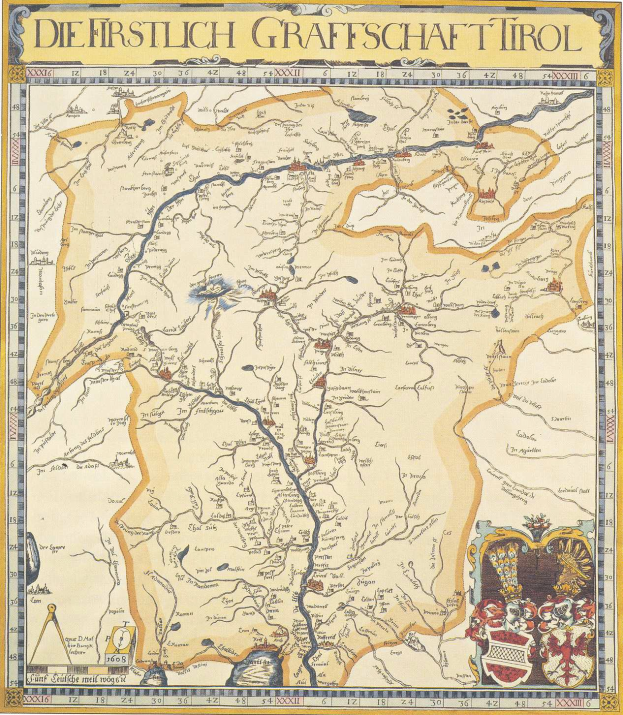 Ein detailliertes Kartenbild der ersten deutschen Grafschaft Tirol mit geographischen Elementen wie Flüssen, Bergen und Städten sowie begleitendem Text und Bildern.