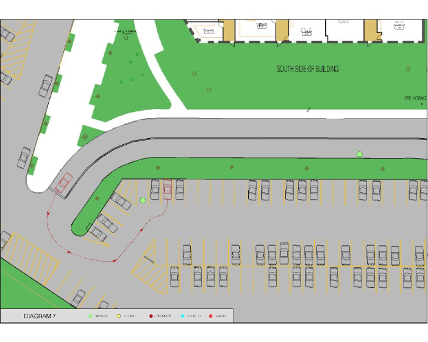 Ein Lageplan für einen neuen Parkplatz an einer Straßenkreuzung, der parkende Fahrzeuge, Grünflächen und Standorttext zeigt.