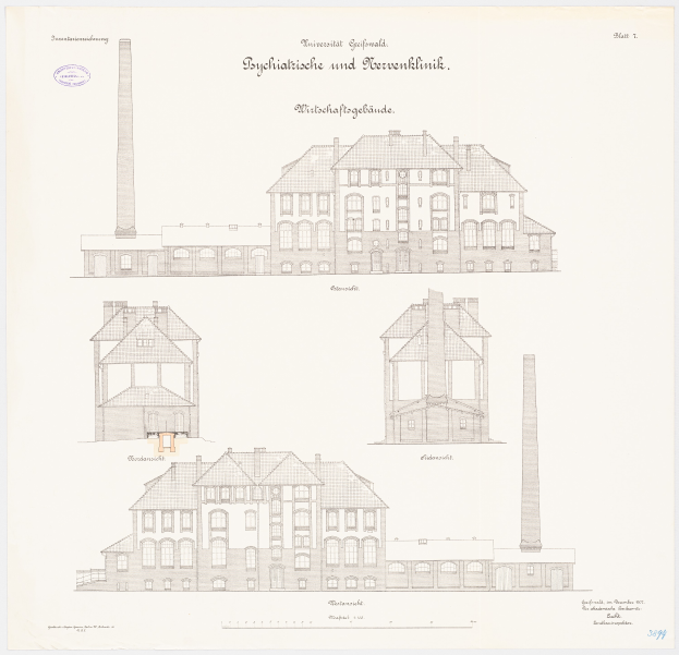 Eine Zeichnung eines mehrfenstrigen Gebäudes mit einem Schornstein, das als psychiatrische Klinik in Deutschland identifiziert wird, begleitet von beschreibendem Text.