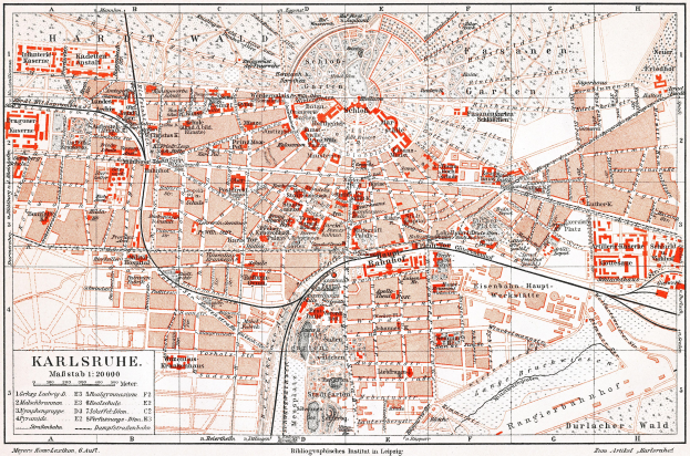 Detailierte Schwarz-Weiß-Karte von Karlsruhe, Deutschland von 1900, die Straßen, Gebäude und beschriftete Orte zeigt.