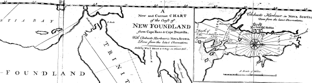 Eine detaillierte Schwarz-Weiß-Karte von Neufundland, die geographische Merkmale wie Flüsse, Berge und Städte zeigt, mit begleitendem Text, der zusätzliche Informationen bietet.