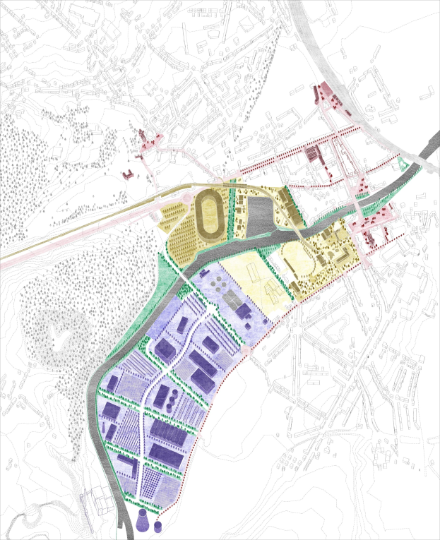 Vorgeschlagener Lageplan für die neue Stadt London, farbcodierte Karte, die verschiedene Stadtbereiche zeigt.